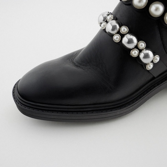 ZARA PEARL STRAP LOW HEELED LEATHER ANKLE BOOTS - Picture 4 of 13